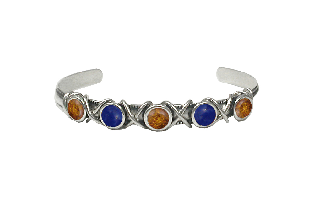 Sterling Silver Cuff Bracelet With Amber And Lapis Lazuli